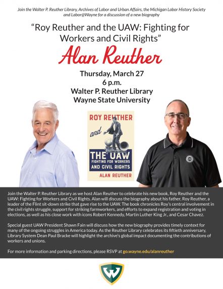 Event flyer: Alan Reuther book event with special guest Shawn Fain